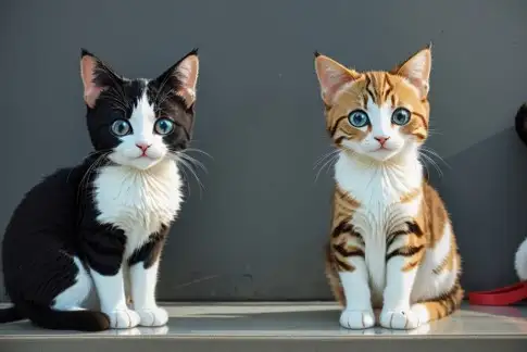Das Bild zeigt zwei Katzen: eine Tuxedo-Katze zur Linken und eine orange-weiße Katze zur Rechten. Beide Katzen sitzen aufrecht und sehen in die Kamera.